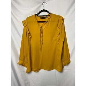 NY‎ New York & Company Yellow Ruffle Neck Tie Long Sleeve Blouse Top XL